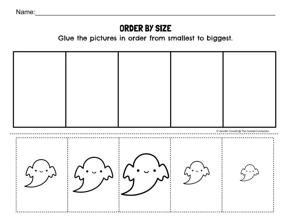 Order by Size worksheet: cut out five ghosts of different sizes and glue them from smallest to biggest