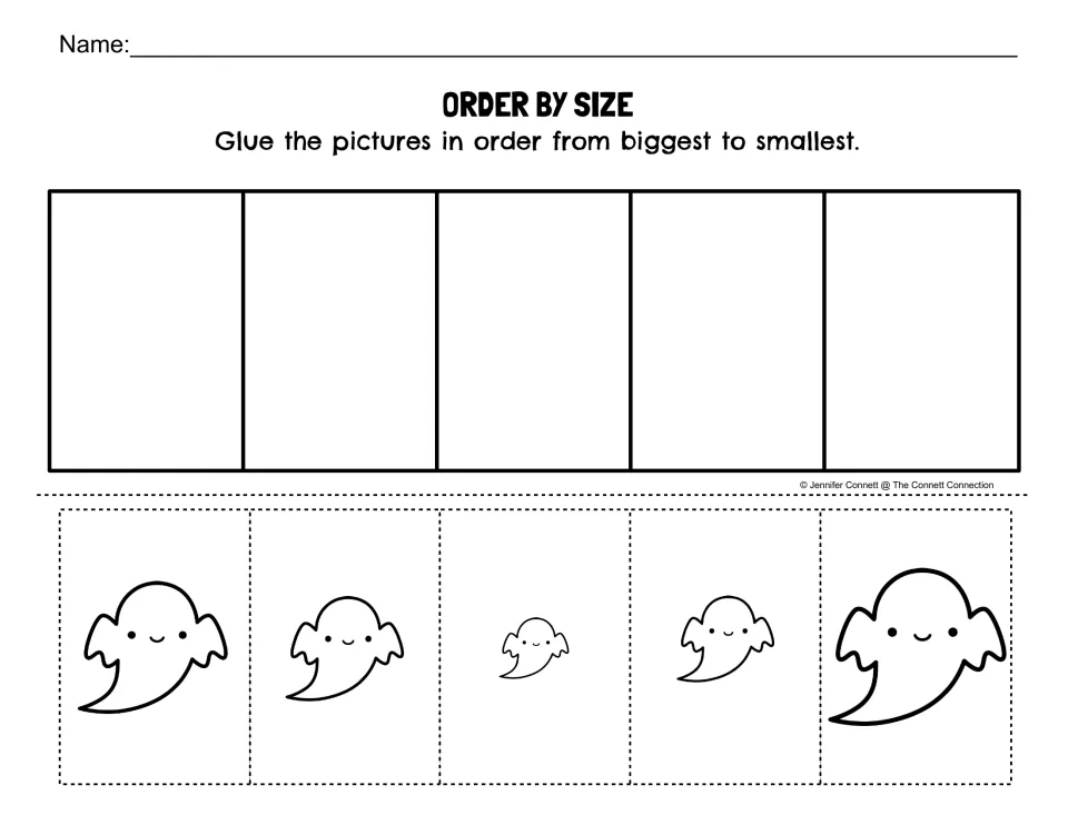 Order by Size worksheet: cut out five ghosts of different sizes and glue them from biggest to smallest