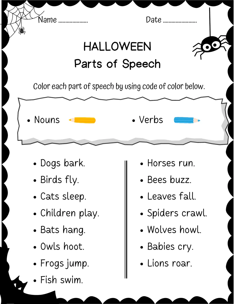 Noun and verb color-coding practice with 15 short sentences, including 'Dogs bark' and 'Birds fly.'