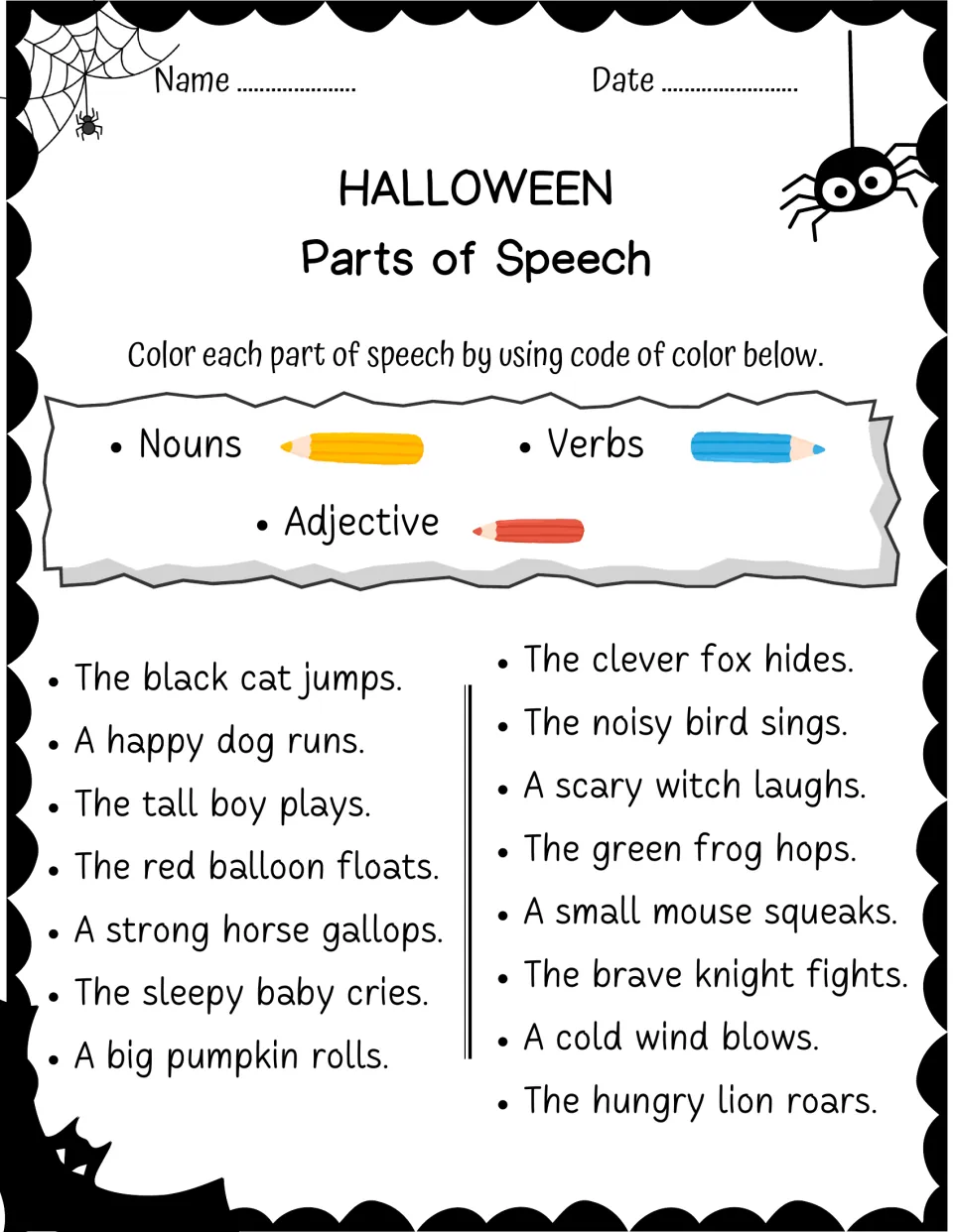 Noun, verb, and adjective color-coding practice with 15 sentences, including 'The black cat jumps.'