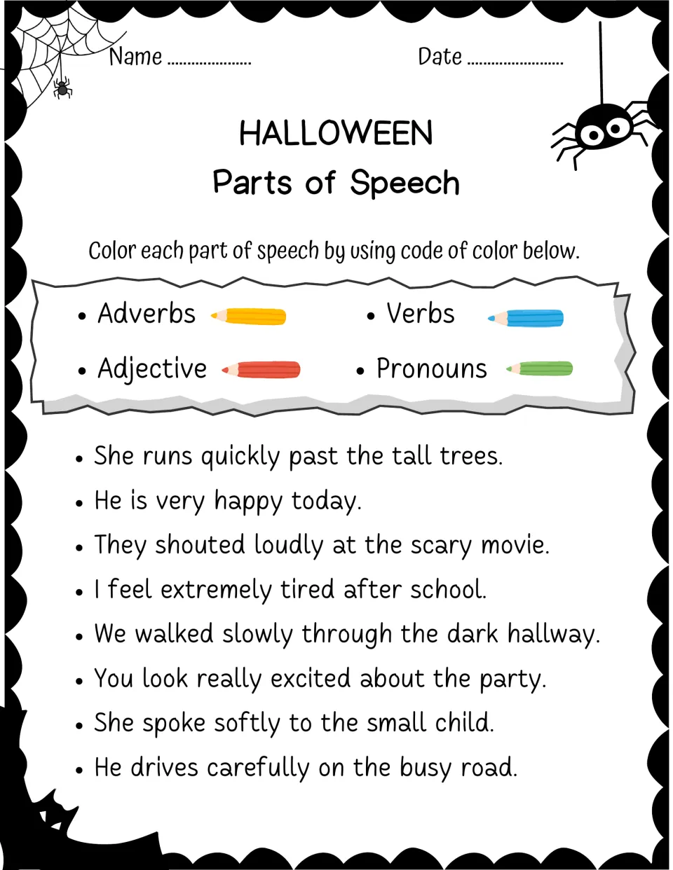 Color-coding eight sentences for adverbs, verbs, adjectives, and pronouns, including 'He is very happy today.'