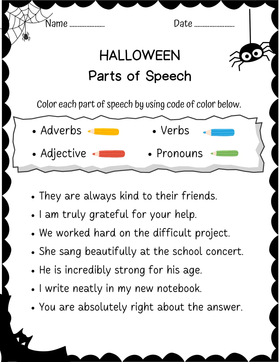 Color-coding seven sentences for adverbs, verbs, adjectives, and pronouns, including 'I write neatly.'