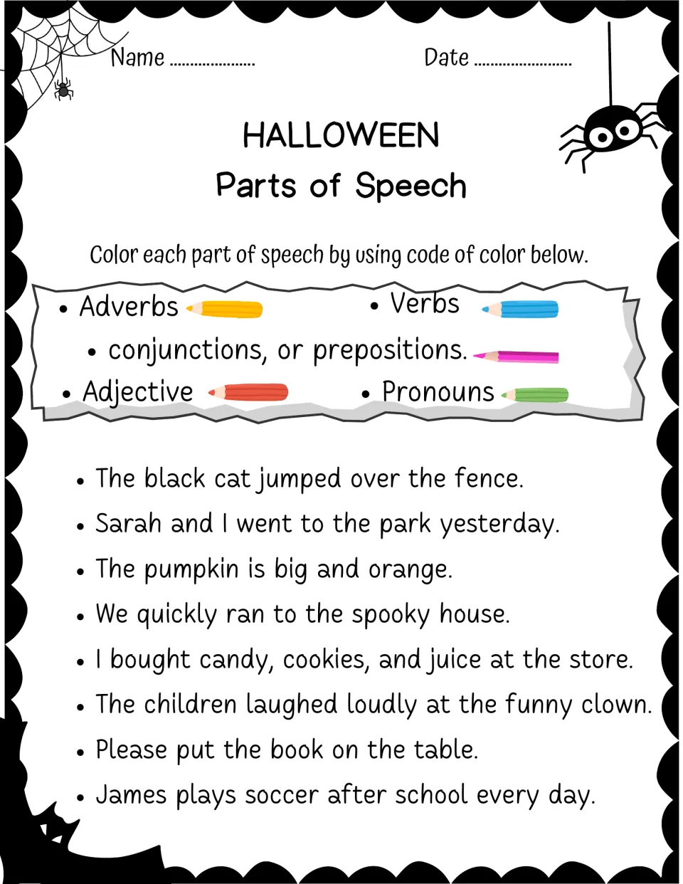 Color-coding eight sentences using a key that adds conjunctions and prepositions: 'Sarah and I went to the park.'