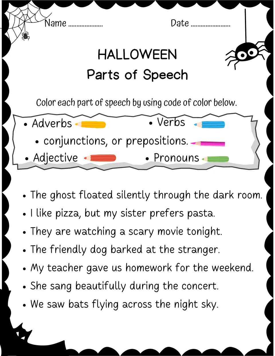 Color-coding seven more sentences for five categories, including 'The ghost floated silently through the dark room.'