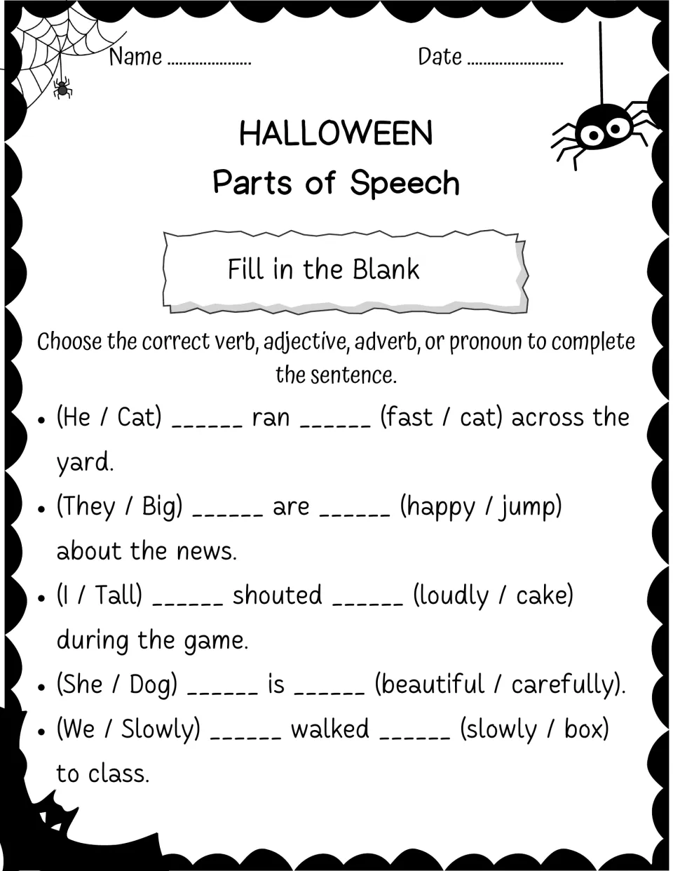 Fill-in-the-blank grammar practice with five sentences and paired choices such as 'He / Cat' and 'fast / cat.'