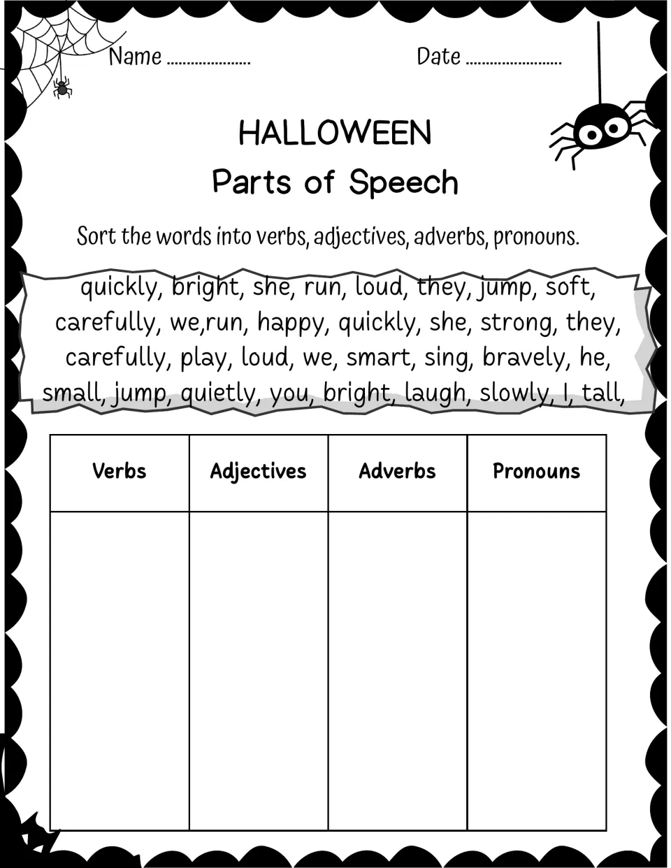 Word-sorting activity for verbs, adjectives, adverbs, and pronouns using words such as quickly, bright, she, and run.