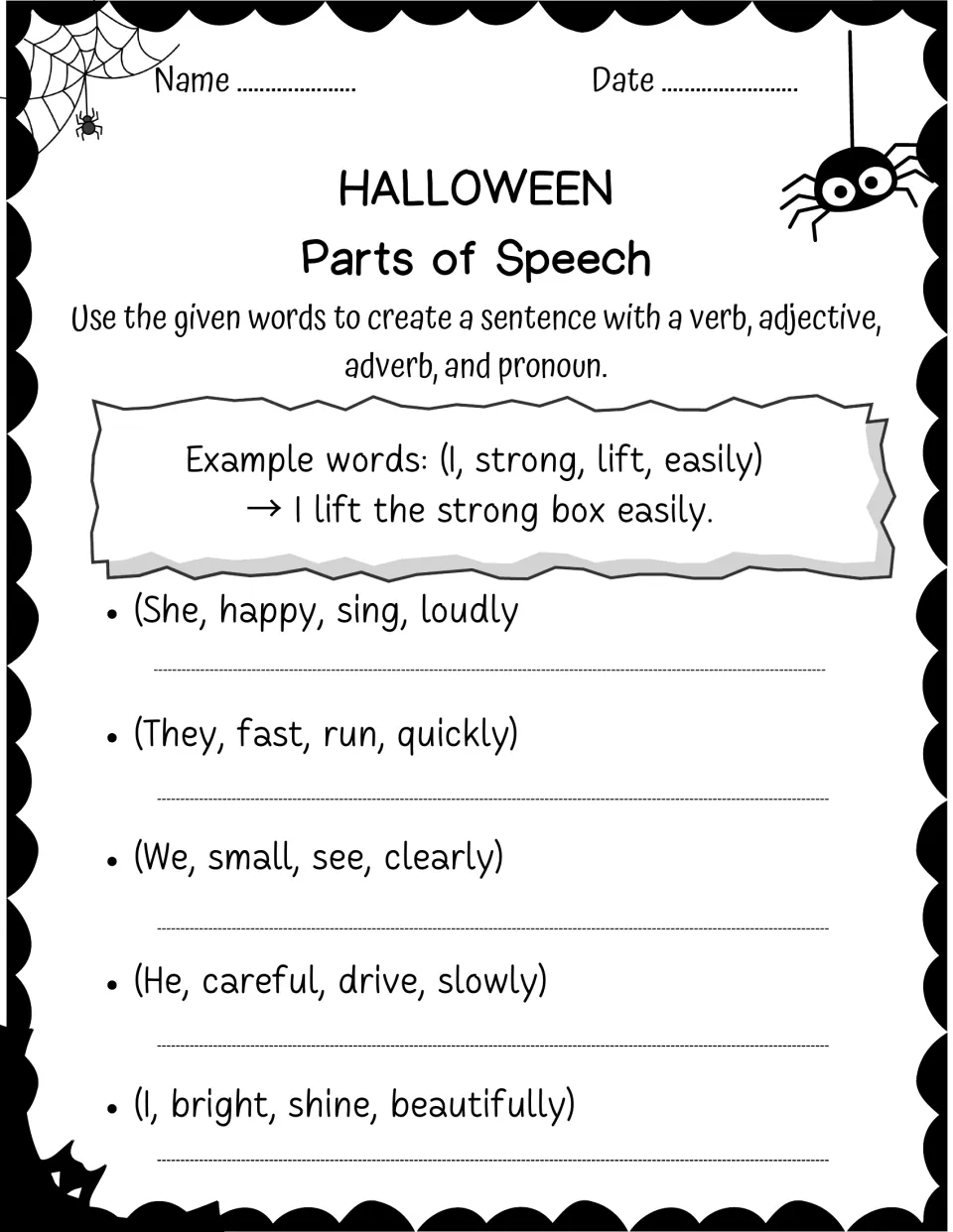 Sentence-writing activity with five word groups combining pronouns, adjectives, verbs, and adverbs, plus an example.