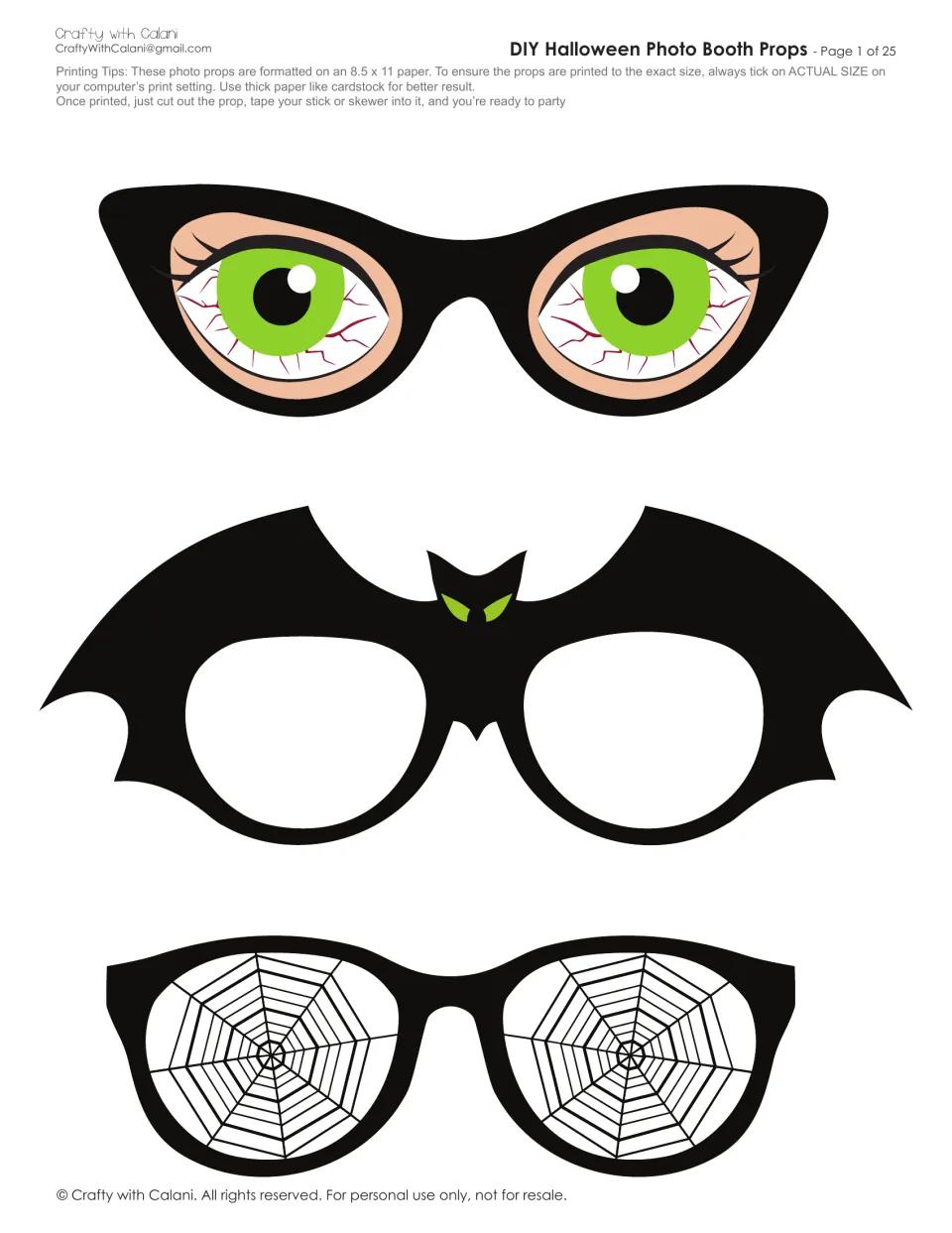 Eyeglass props: green bloodshot cat-eye glasses, bat-wing frames and spiderweb lenses to cut out and tape to sticks