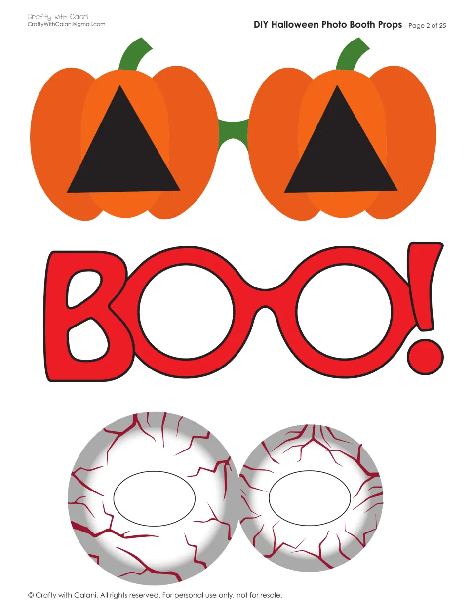 More glasses props to cut out: jack-o'-lantern pumpkin eyes, red BOO! frames and veined eyeball lenses