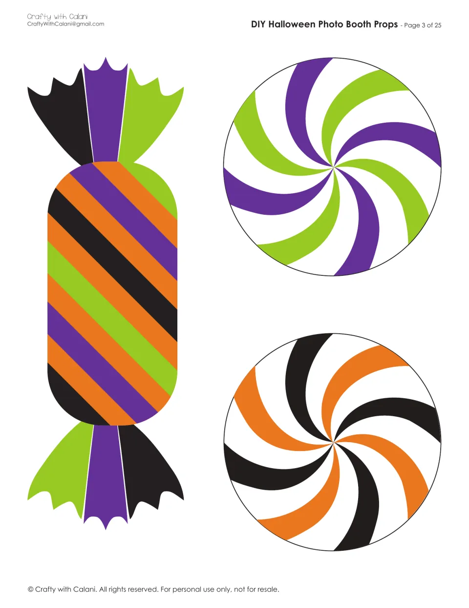 Candy props to cut out: a striped wrapped candy in purple, orange, green and black plus two round swirl candies