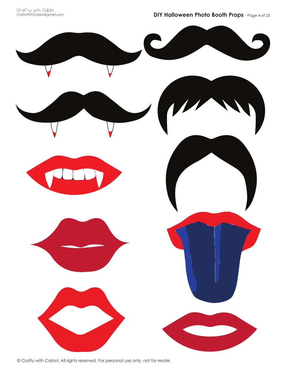 Mustache and lip props: black mustaches, some with fangs, plus red lips, vampire teeth and a blue tongue