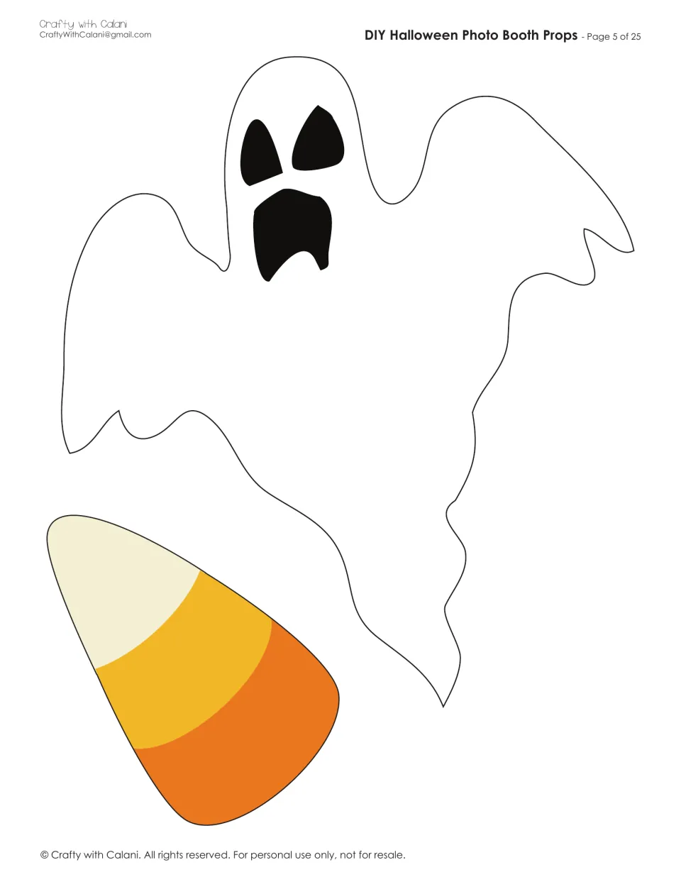 Spooky cut-outs: a large white ghost with a wailing black face and a big yellow, orange and white candy corn