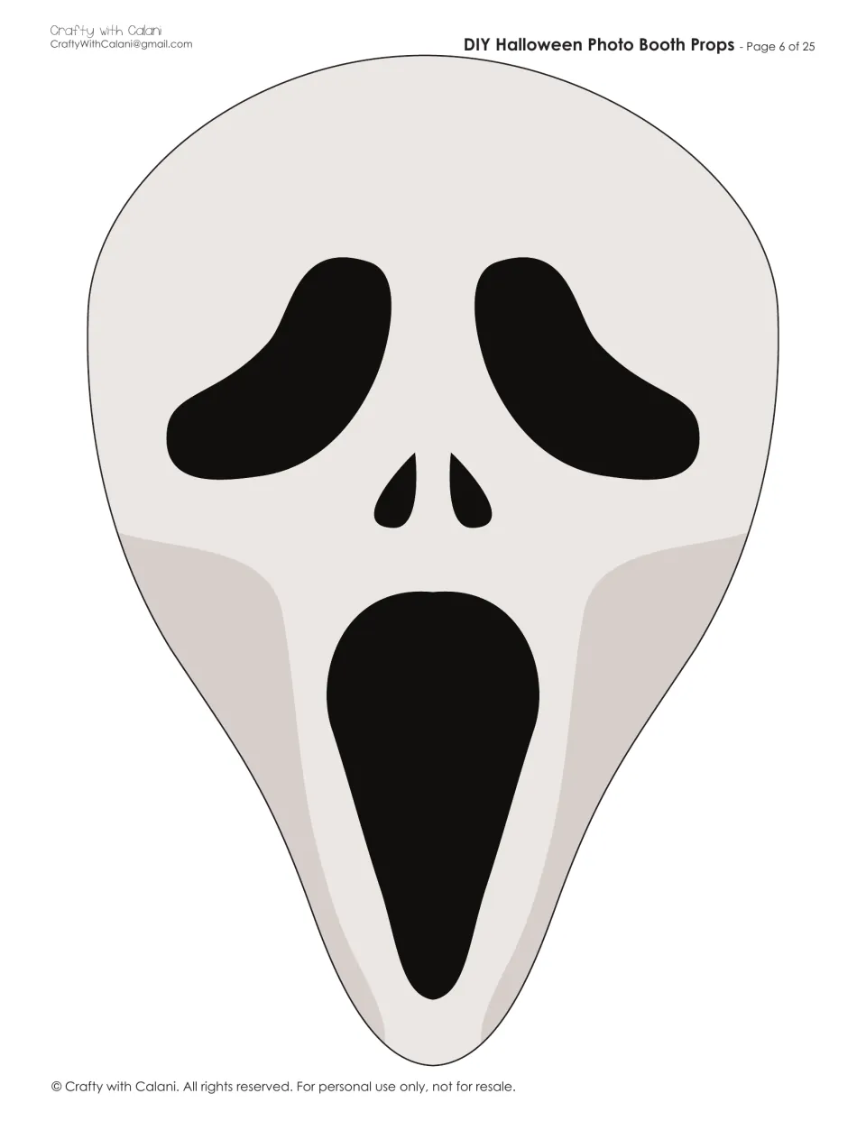 Full-page screaming ghost mask prop: a pale, elongated face with black eye holes, nose slits and a long open mouth