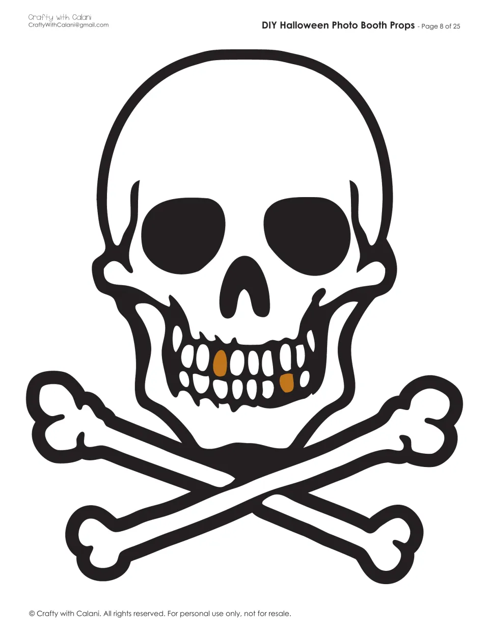 Skull and crossbones prop: a black-outlined white skull with two orange-gold teeth over two crossed bones