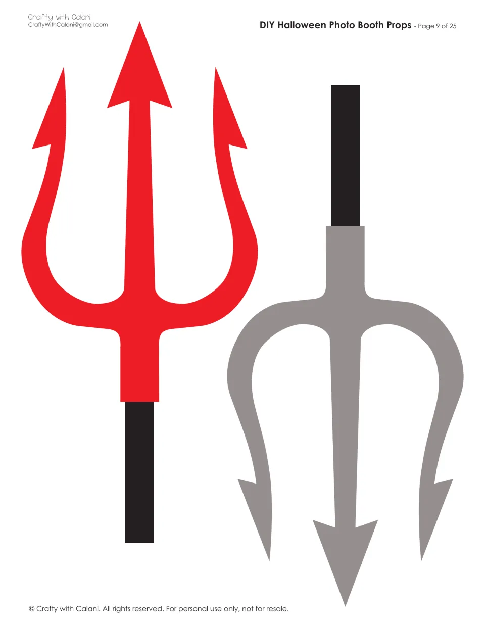 Devil pitchfork props: a red trident with a black handle and a gray trident pointing downward