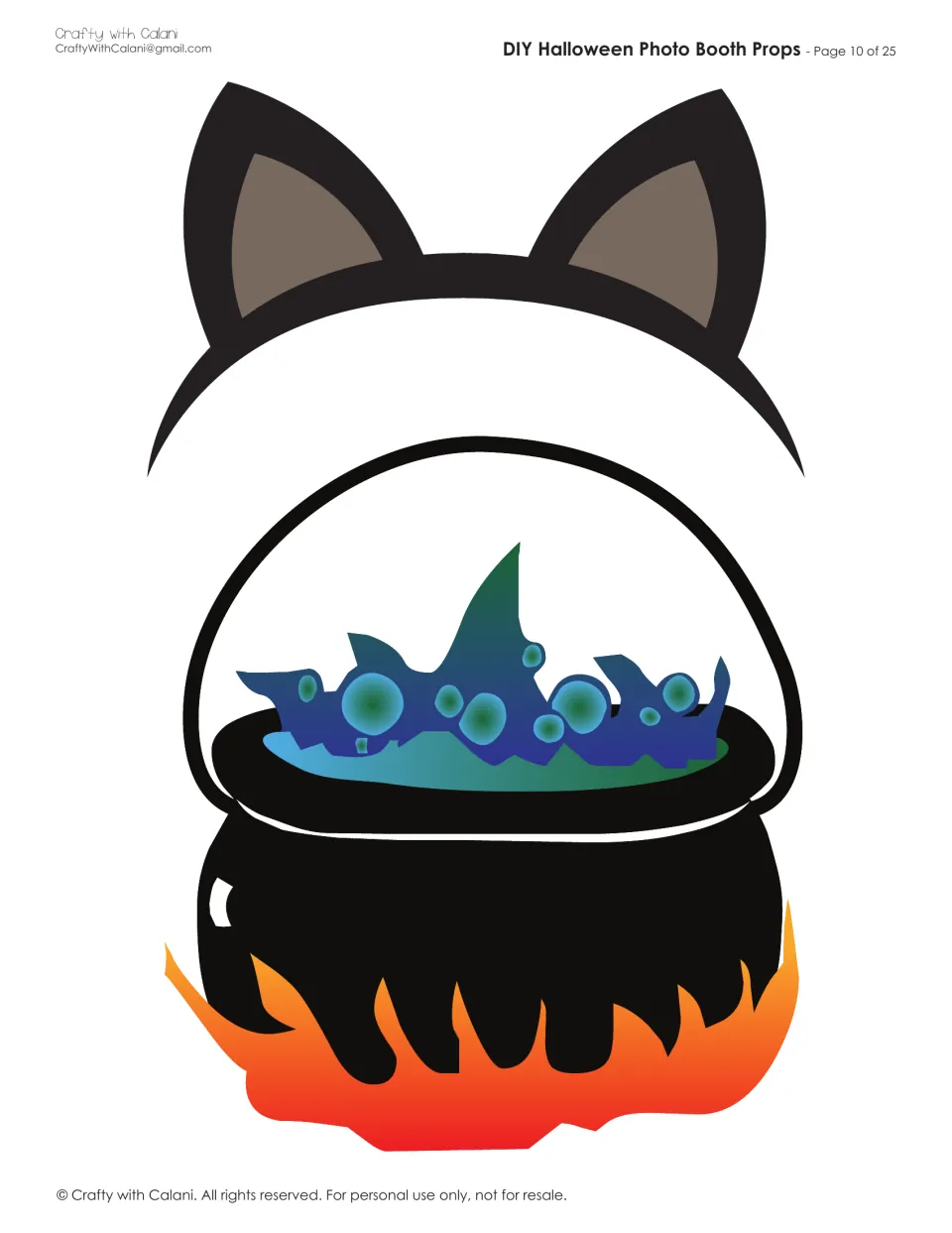 Black cat ears headband and a witch's cauldron of bubbling blue-green brew over orange flames, both ready to cut out