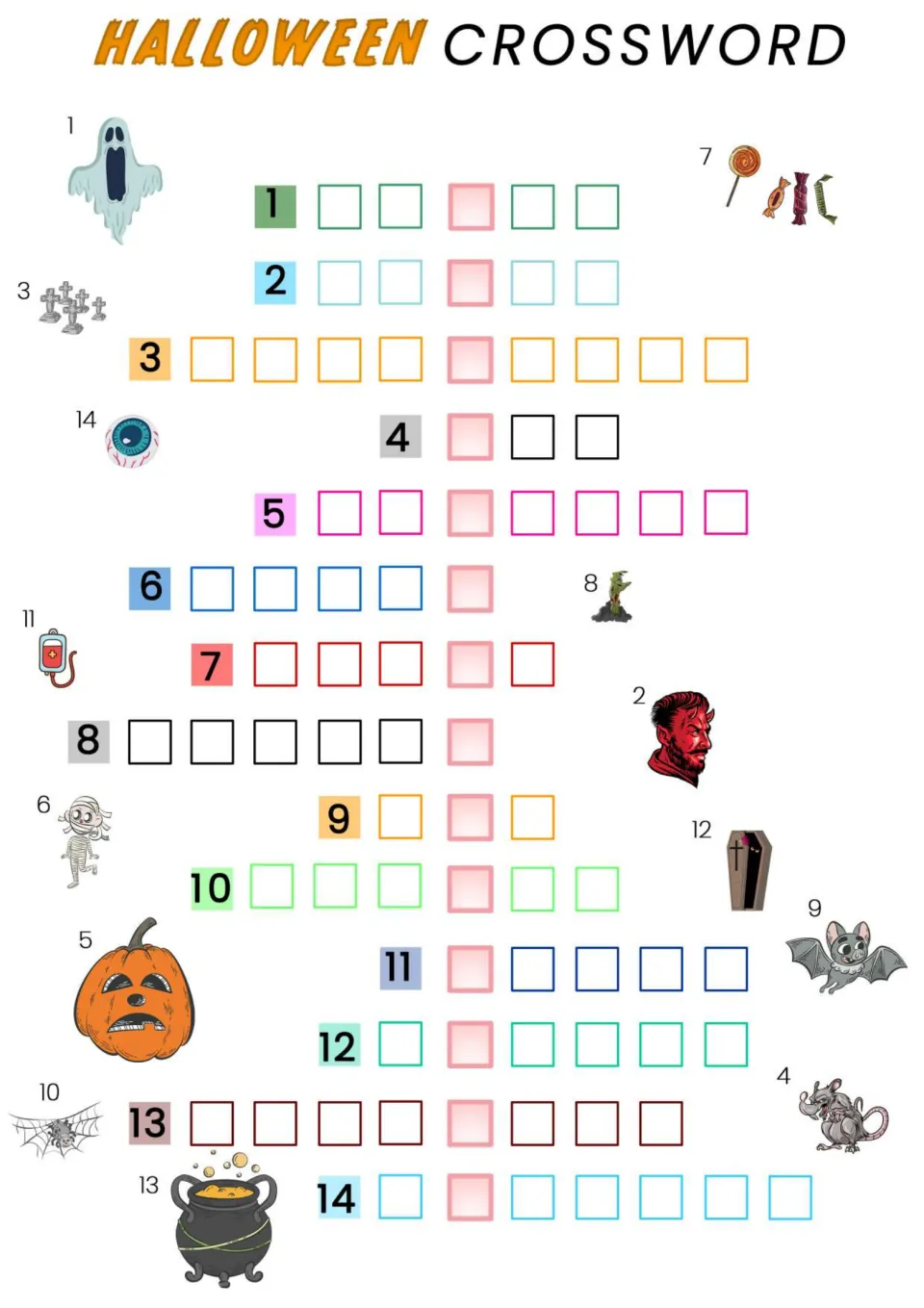 Picture-only Halloween crossword with 14 clues, including a ghost, devil, graveyard, rat, and pumpkin