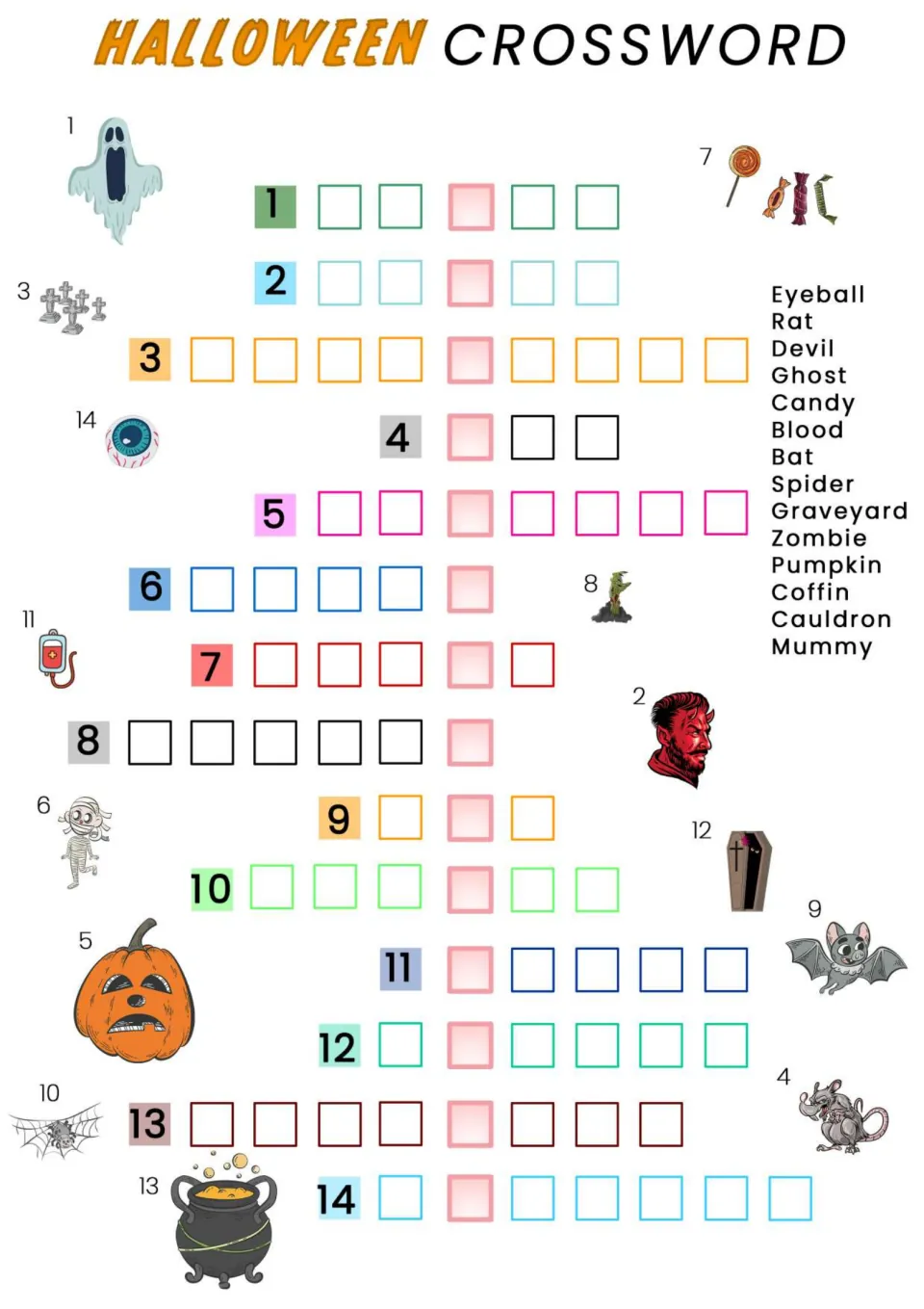 Halloween vocabulary crossword with 14 picture clues and a word bank including eyeball, rat, and devil