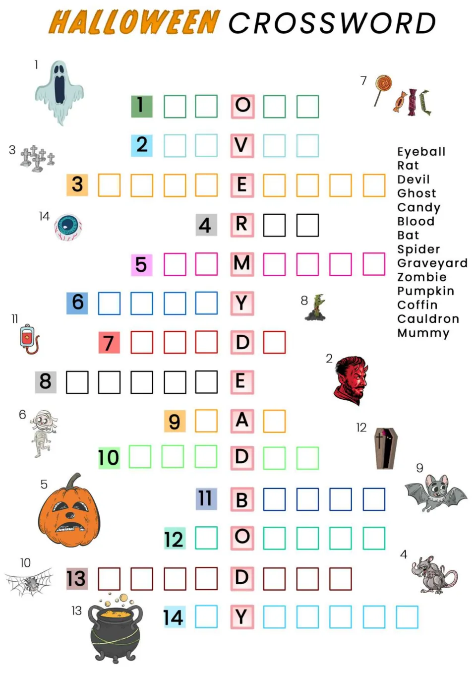 Halloween crossword with 14 picture clues, a word bank, and the idiom 'over my dead body' already filled in
