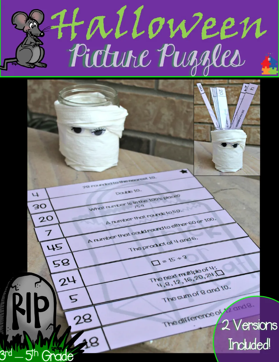 Halloween Picture Puzzles cover: math clue strips assembled beside a mummy jar holding more strips; 2 versions included