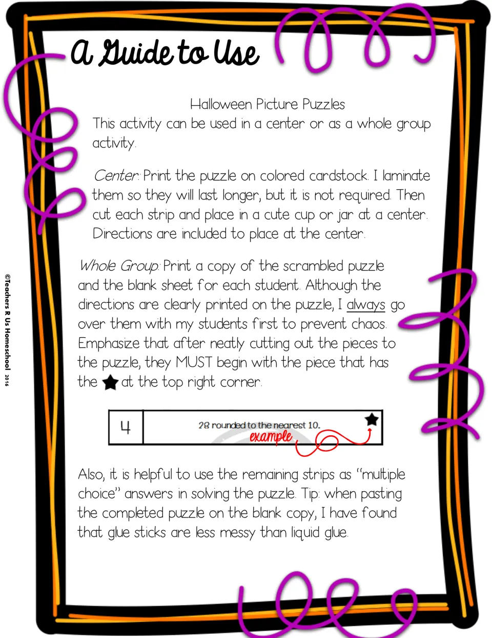 Teacher guide: running the strip puzzles at a center or whole group, starting at the star strip, gluing onto the blank sheet