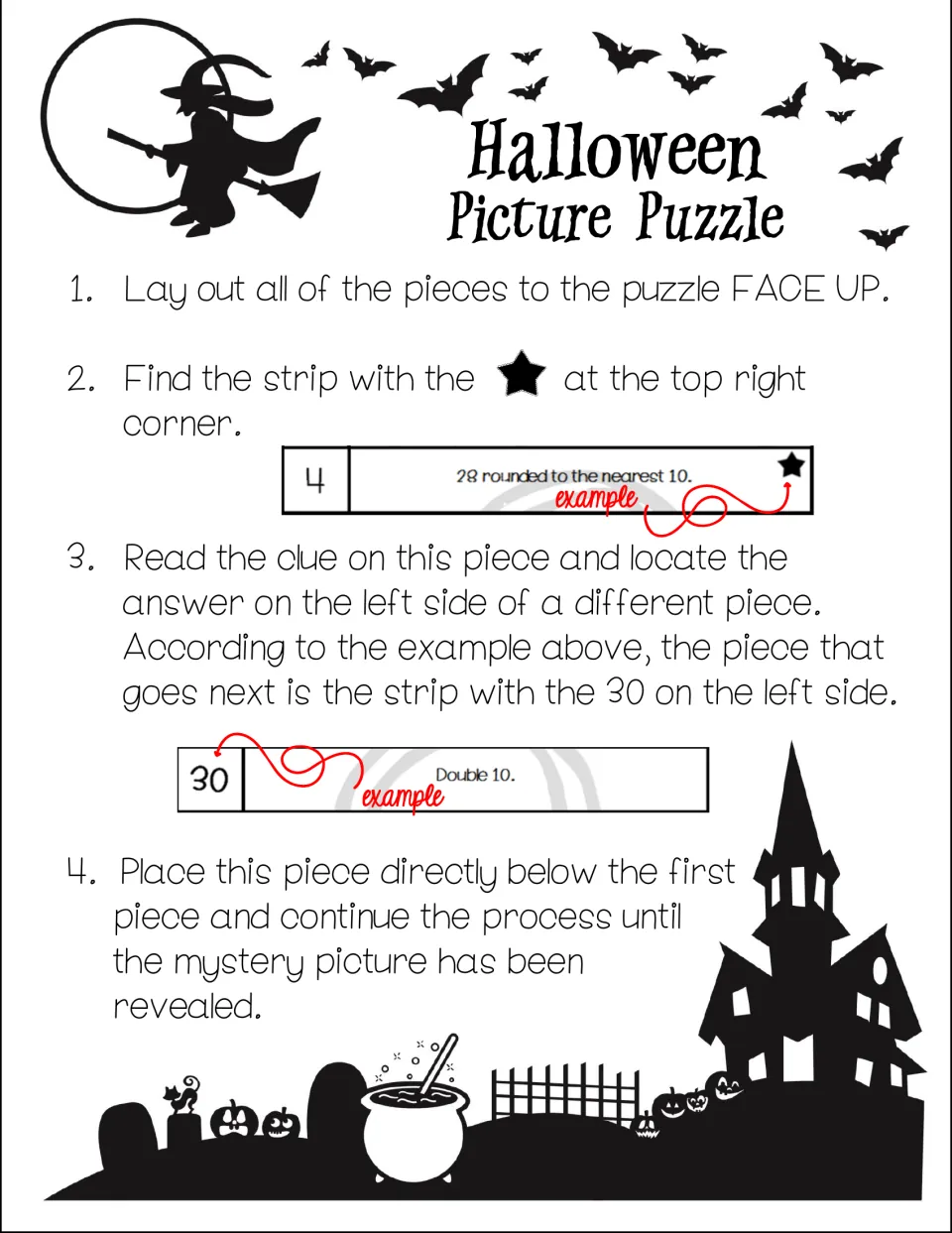 Student directions: find the star strip, solve its clue, match the answer on another strip's left side to reveal a picture