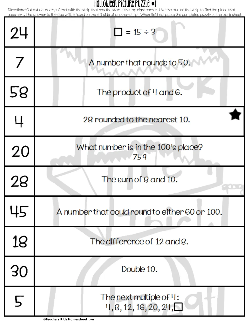 Scrambled puzzle #1 strips: students solve rounding, doubling, place value, product and multiple clues to order 10 strips