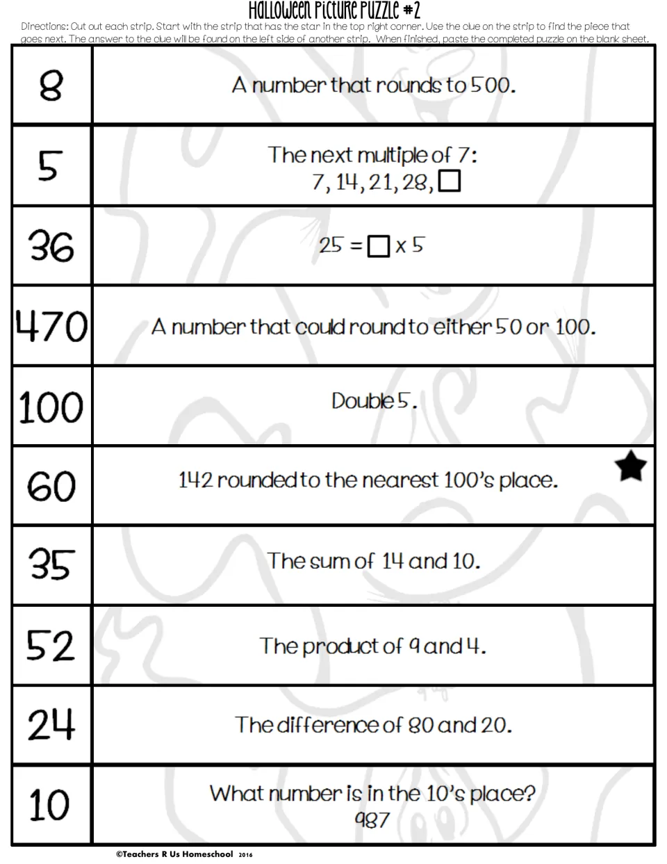 Scrambled puzzle #2 strips: clues on rounding to 100s, multiples of 7, missing factors and place value, starting at the star