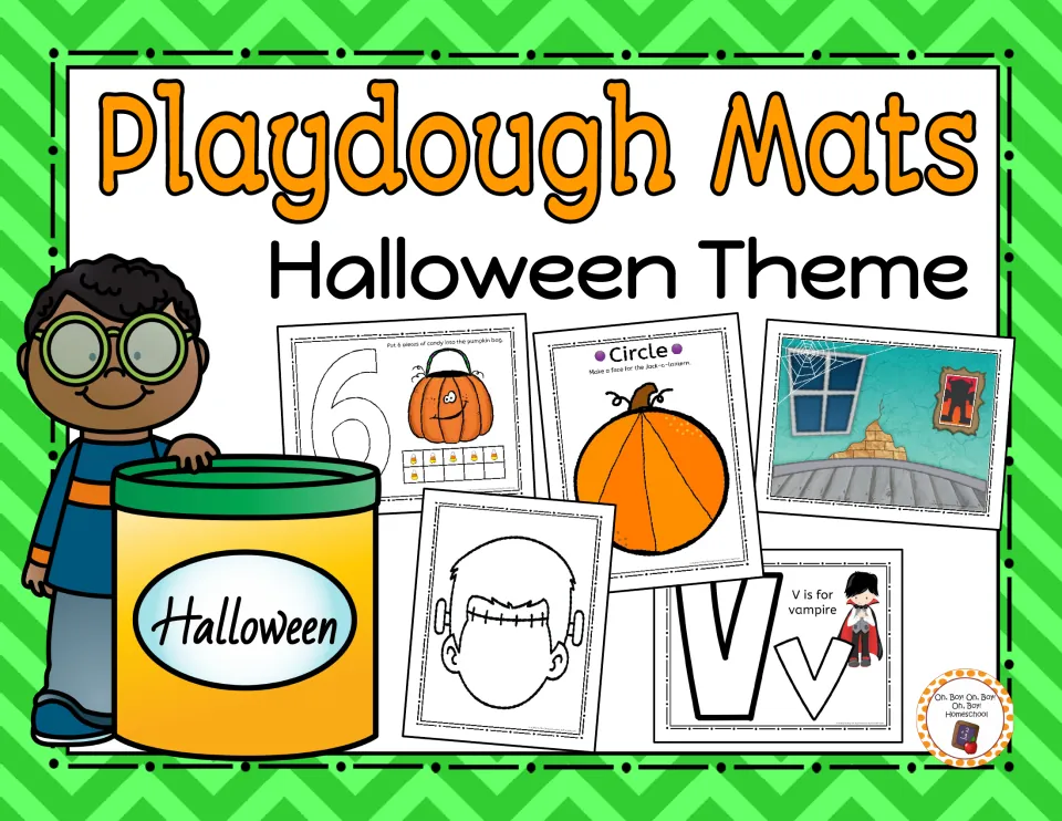 Halloween playdough mats cover with sample mats: number 6 candy bag, circle pumpkin, blank face, V is for vampire