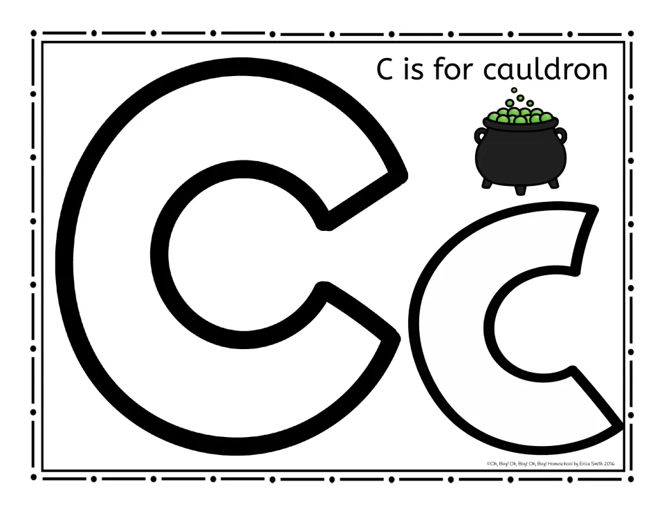 Letter mat for Cc with 'C is for cauldron' and a bubbling green cauldron, to form with playdough snakes
