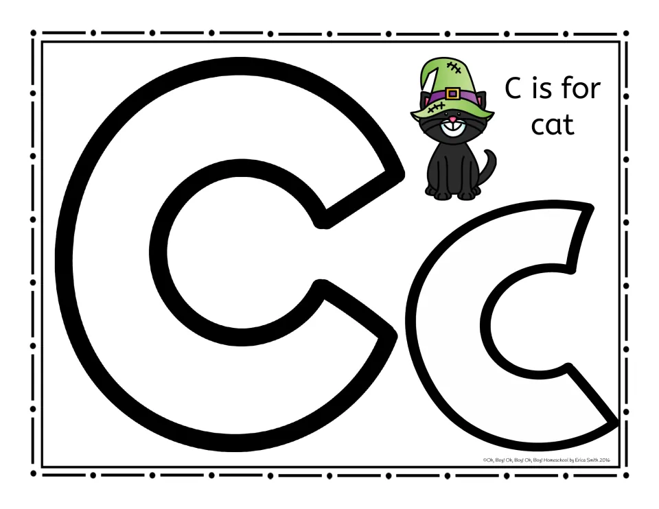 Second Cc letter mat with 'C is for cat' and a black cat in a green witch hat, for playdough letter forming