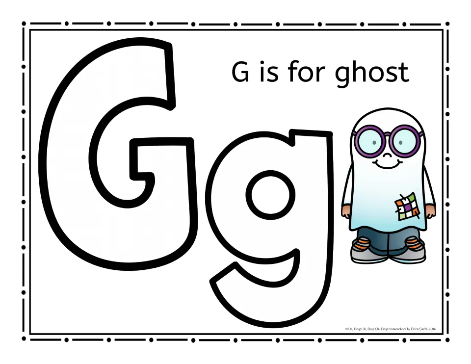 Gg letter mat with 'G is for ghost' and a child in a ghost costume, for shaping the letters with playdough