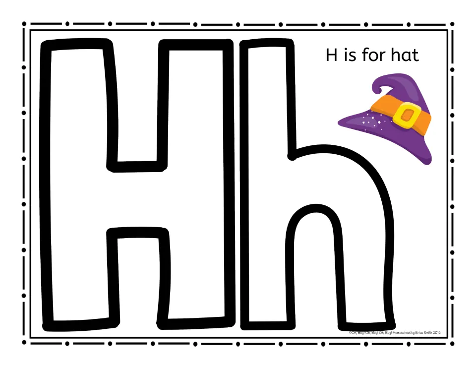 Hh letter mat with 'H is for hat' and a purple witch hat, for rolling playdough snakes into letters