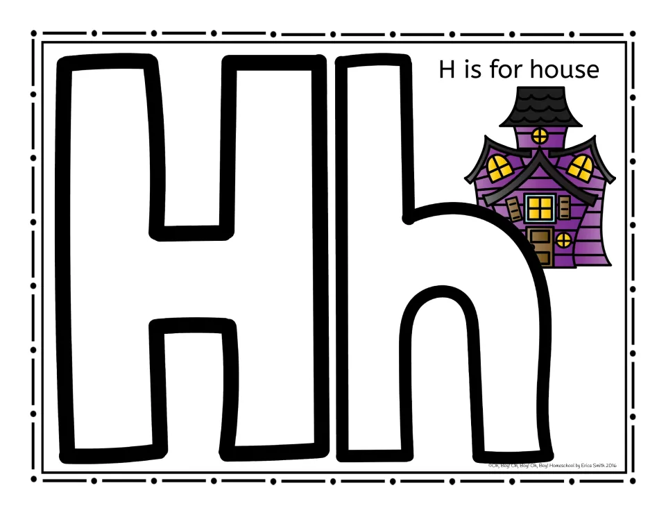 Second Hh letter mat with 'H is for house' and a purple haunted house, to build with playdough snakes