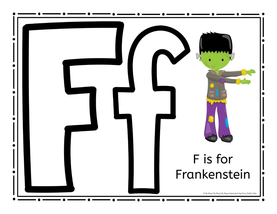 Ff letter mat with 'F is for Frankenstein' and a green Frankenstein's monster, for forming letters in playdough