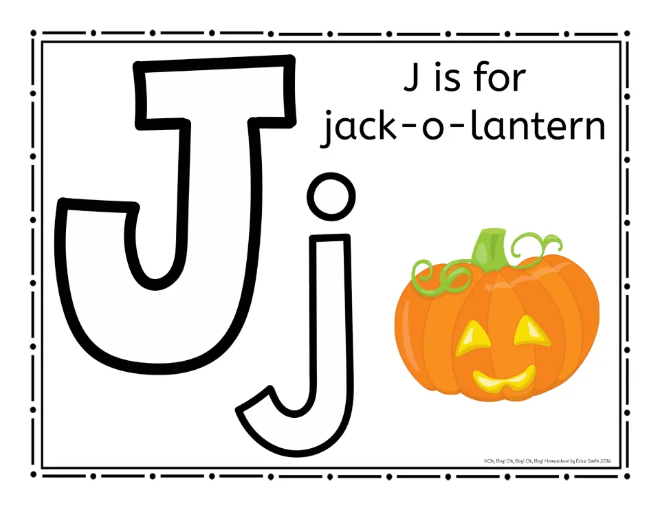 Jj letter mat with 'J is for jack-o-lantern' and a smiling carved pumpkin, for playdough letter practice