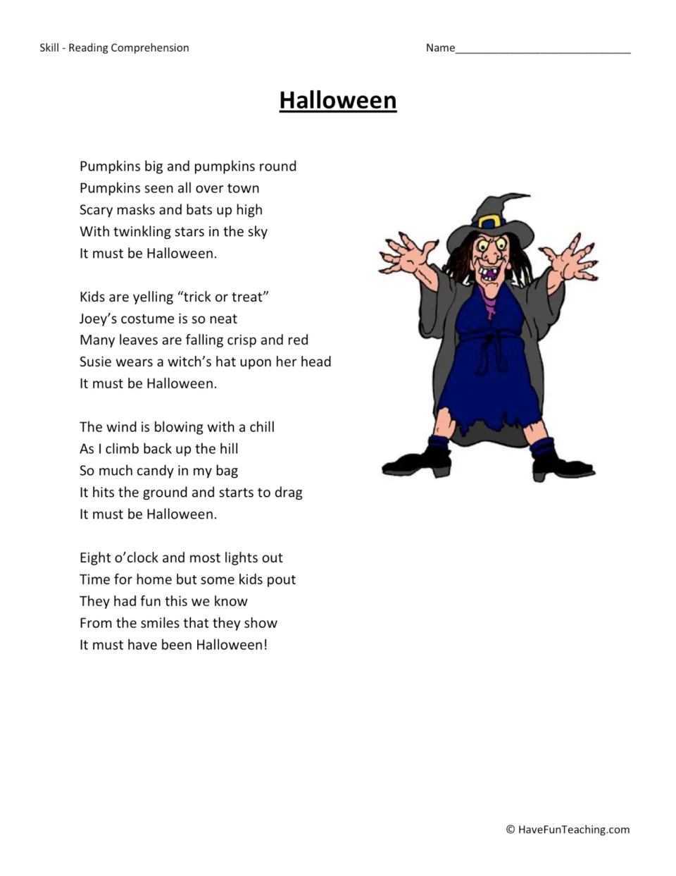 Reading passage: a four-stanza Halloween poem about pumpkins, costumes, trick-or-treating, and heading home.