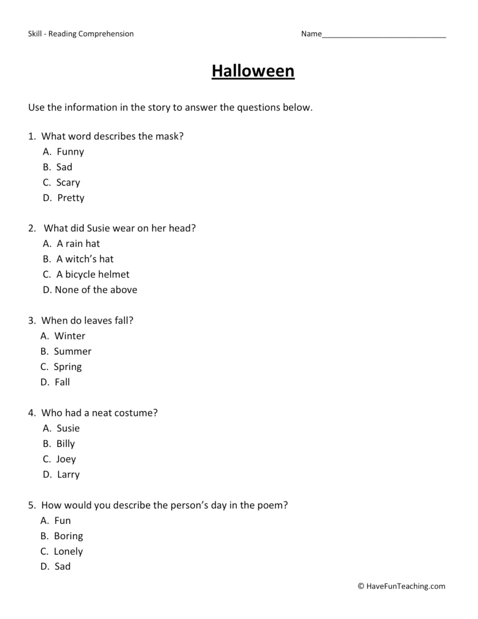 Reading comprehension: five multiple-choice questions about masks, Susie's hat, fall, Joey, and the day.