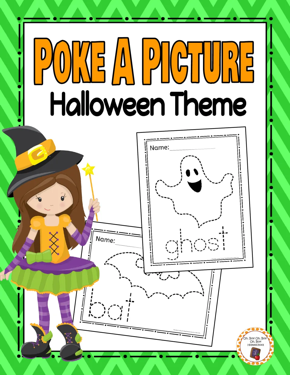 Cover of Halloween Poke a Picture activity, showing ghost and bat samples with matching word labels