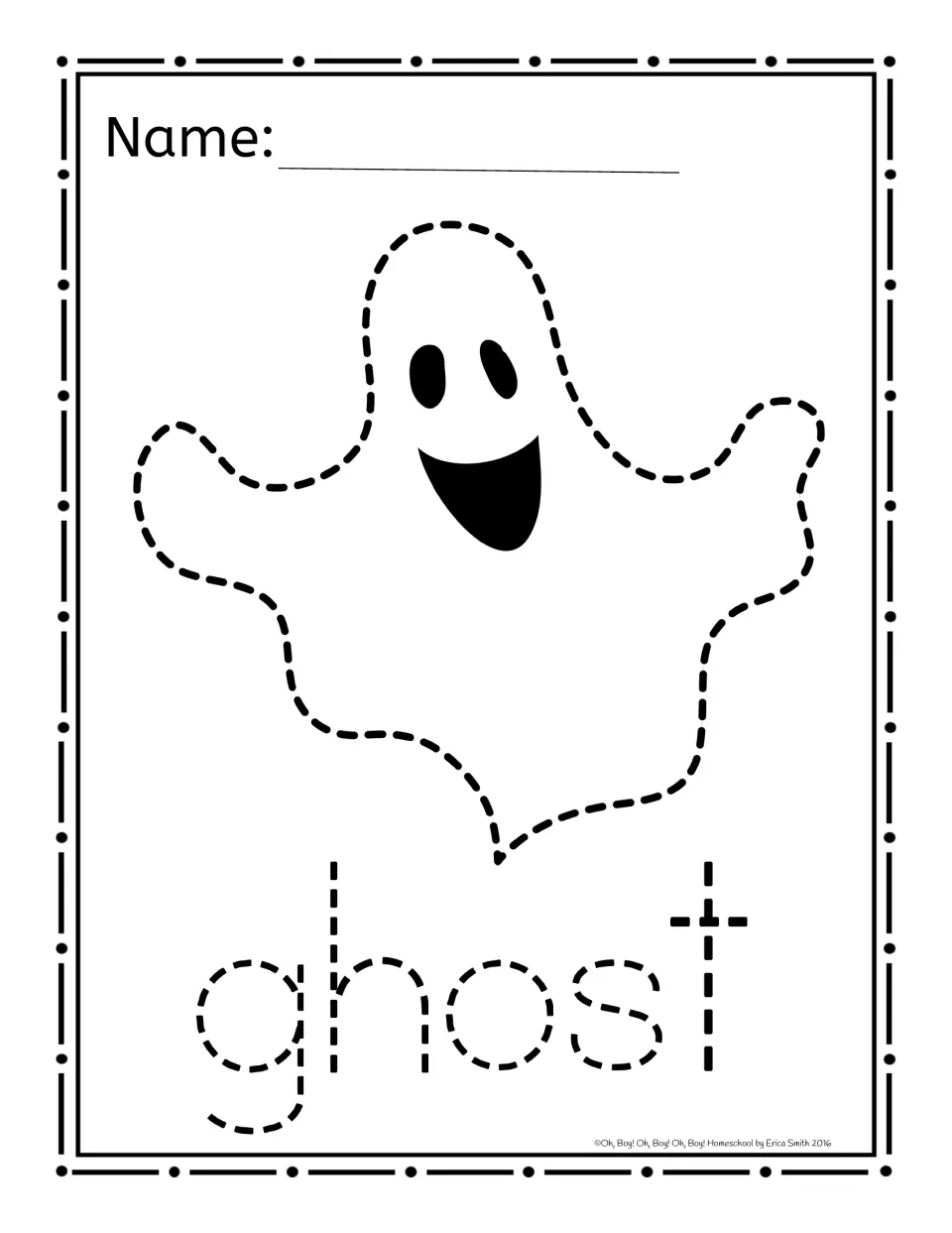 Halloween picture-poking activity 1 of 8: a smiling ghost and the word 'ghost' to poke onto construction paper