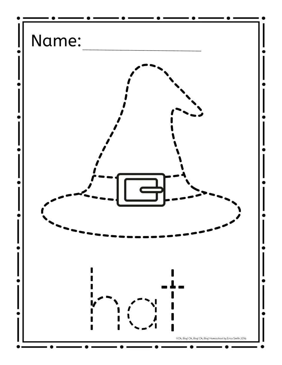 Halloween picture-poking activity 3 of 8: a witch's hat and the word 'hat' to poke onto construction paper