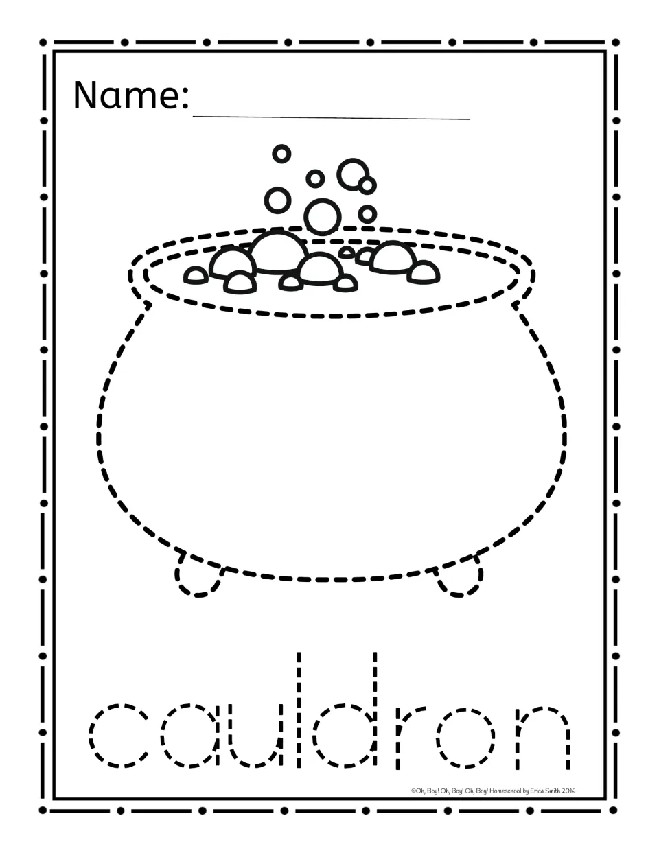 Halloween picture-poking activity 4 of 8: a bubbling cauldron and its 'cauldron' label for poking practice