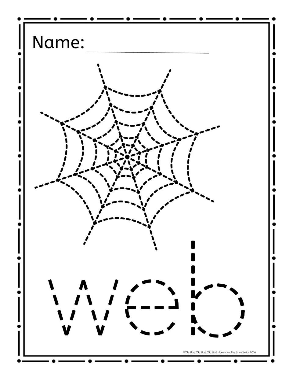 Halloween picture-poking activity 5 of 8: a spiderweb and the word 'web' to poke onto construction paper