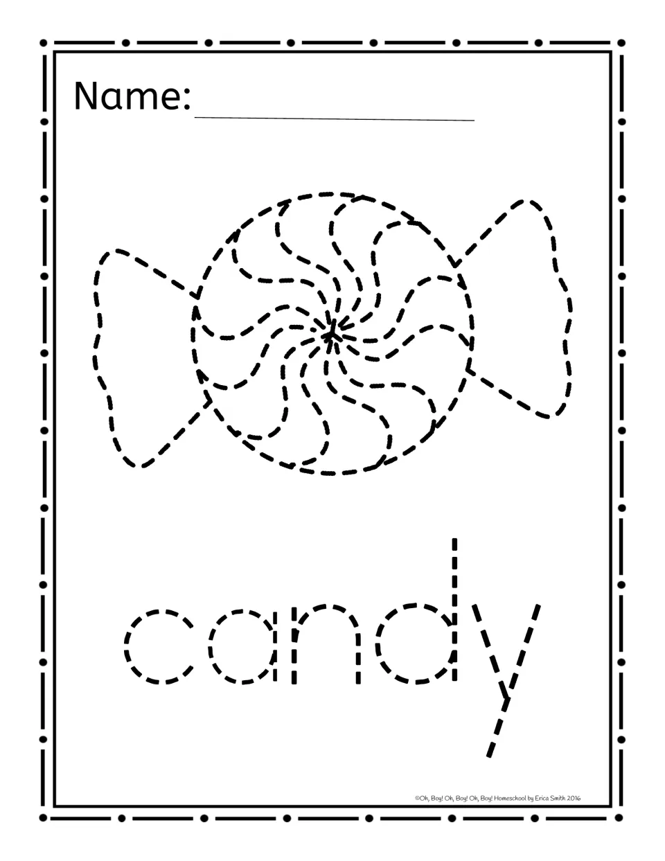 Halloween picture-poking activity 7 of 8: a wrapped candy and the word 'candy' for poking practice