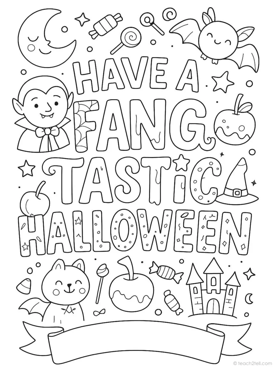 Halloween coloring poster reading 'Have a Fang Tastic Halloween' with a vampire, bat, cat, and candy apples