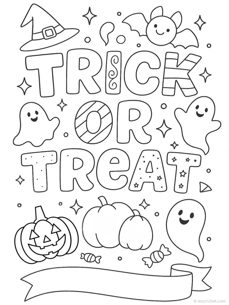 Halloween coloring poster reading 'Trick or Treat' with smiling ghosts, pumpkins, a bat, and a witch hat