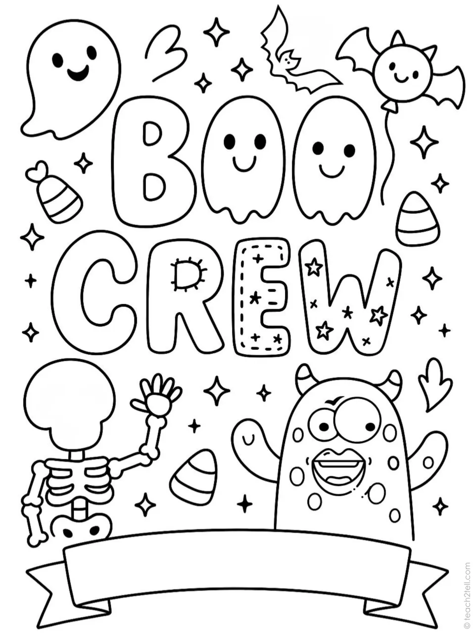 Halloween coloring poster reading 'Boo Crew' with ghost-shaped letters, a waving skeleton, and a monster