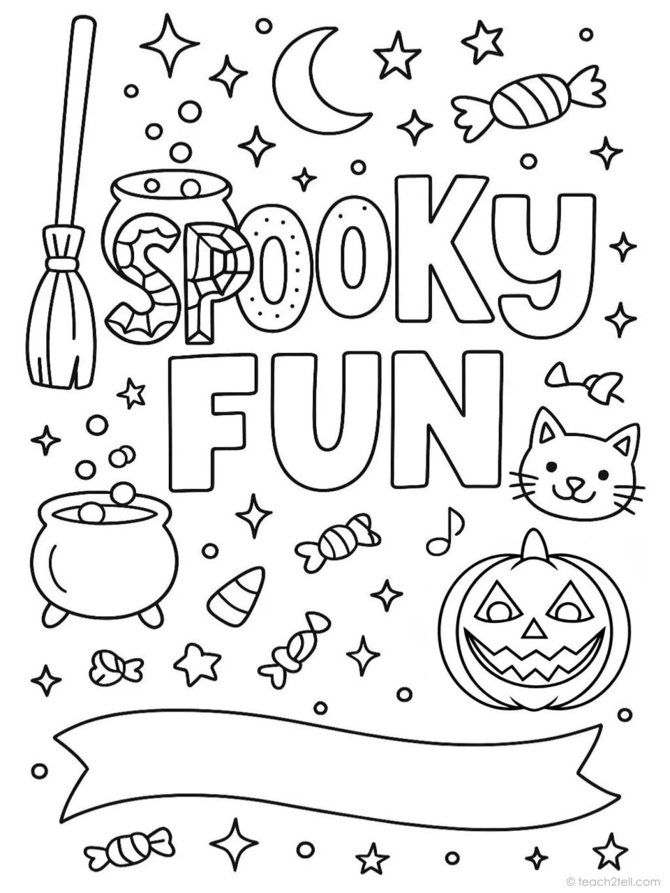 Halloween coloring poster reading 'Spooky Fun' with a broom, bubbling cauldrons, a cat, and a jack-o'-lantern