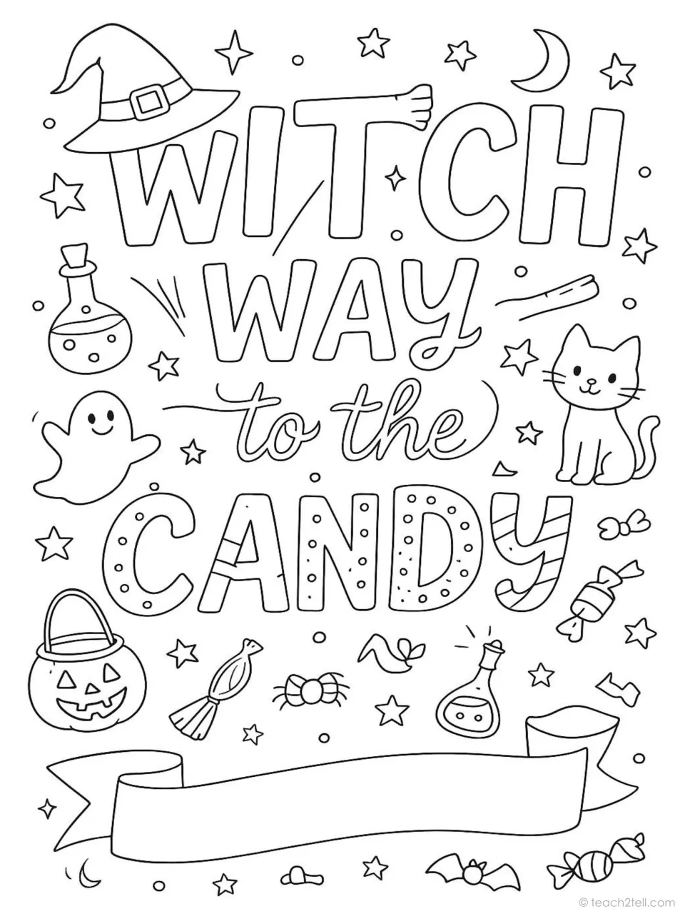 Halloween coloring poster reading 'Witch Way to the Candy' with a witch hat, potion bottles, cat, and ghost