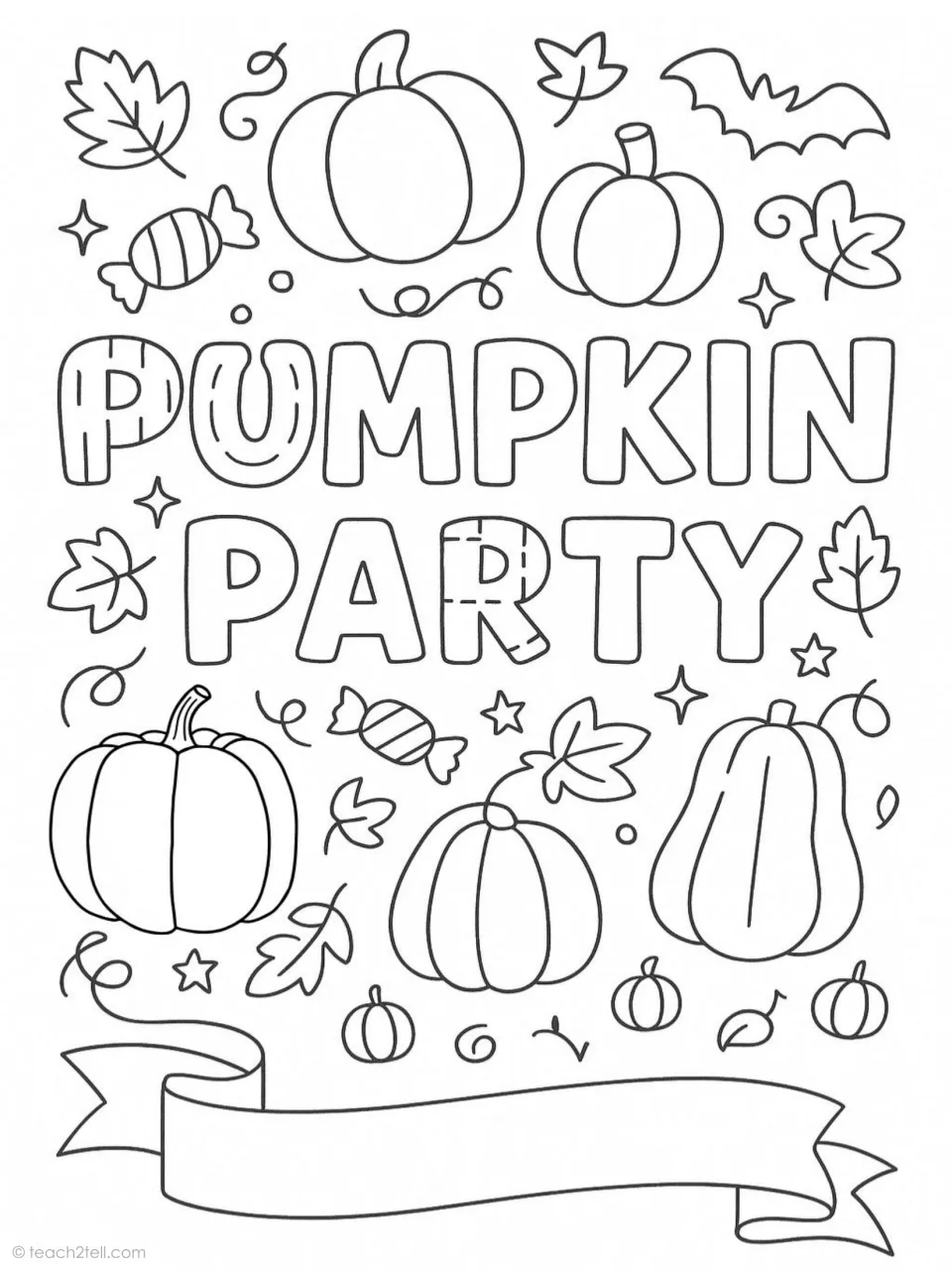 Halloween coloring poster reading 'Pumpkin Party' with pumpkins of different shapes, fall leaves, and candy